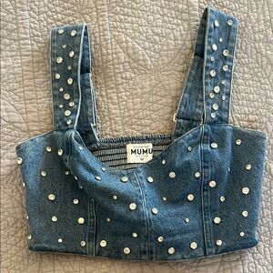 Show Me Your Mumu Denim Shania Crop Top with Silver Accents M